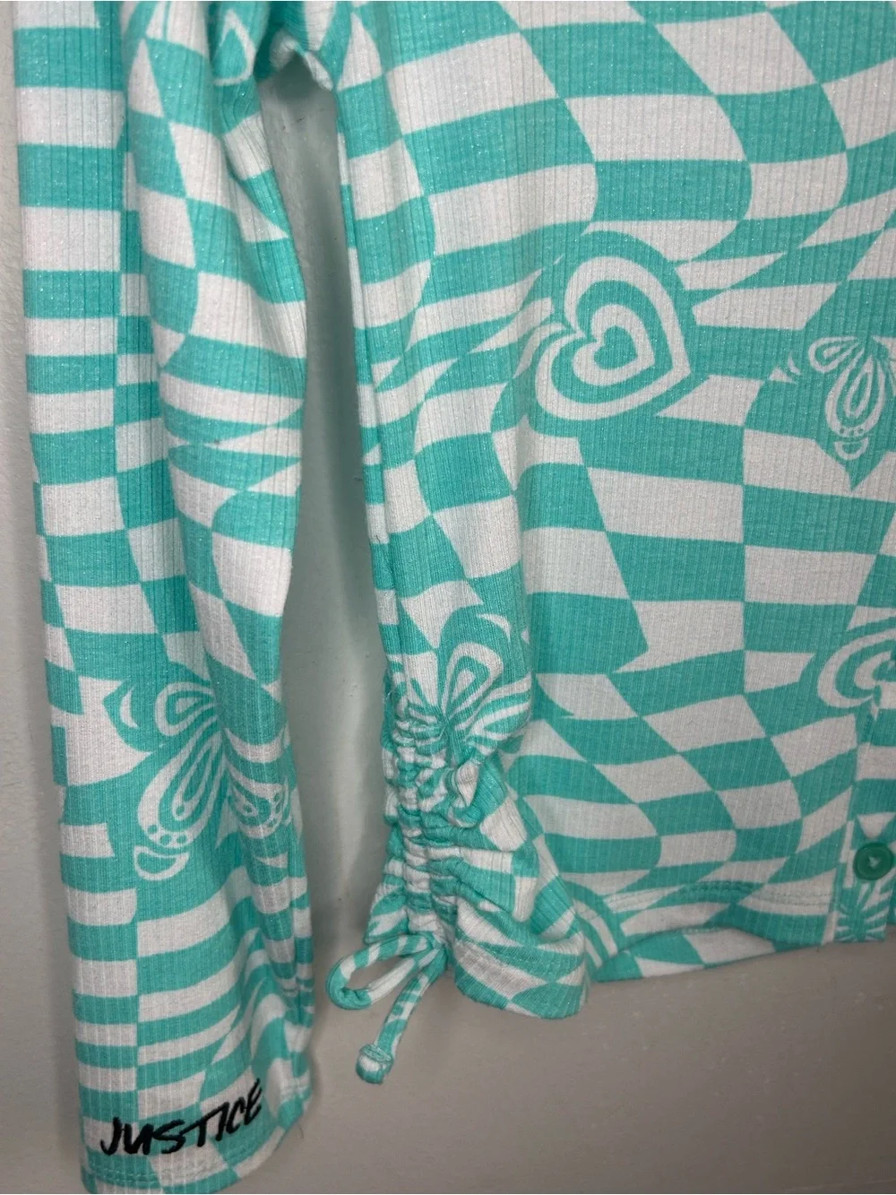 Justice Girls Turquoise Checkerboard Heart Long Sleeve Side-Cinch Button Up Top